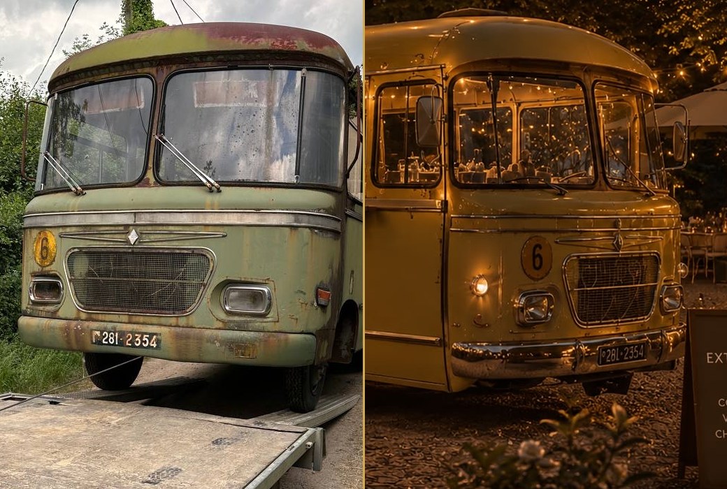À gauche le Galion rouillé tel qu'il est aujourd'hui, à droite le rendu du bus restauré et illuminé