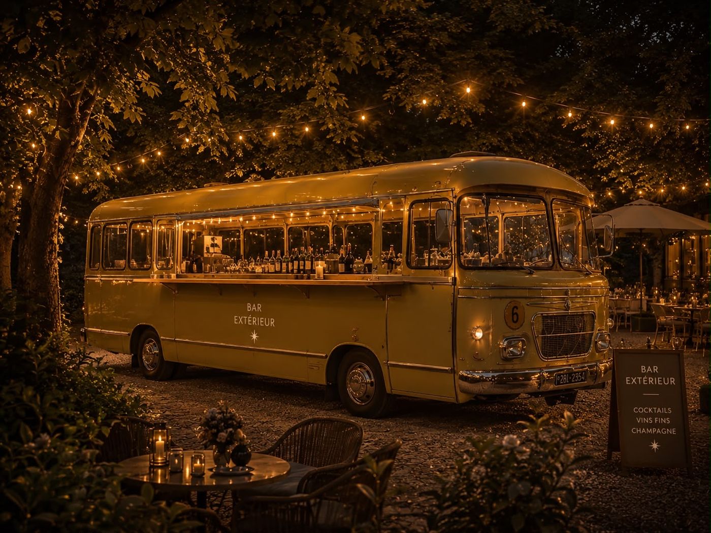 Le bus-bar Galion de nuit sous les guirlandes, comptoir éclairé et bouteilles alignées