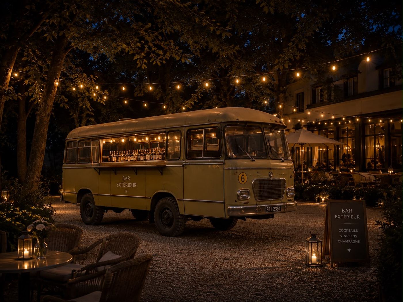 Vue de trois quarts du bus-bar de nuit avec son panneau Bar extérieur et sa terrasse